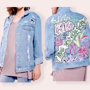 Topshop Graffiti Denim Oversized Jacket Multicolor Blue Womens Size 6 Distressed